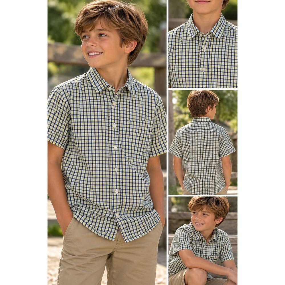 The Place Yellow & Navy Plaid Short Sleeve Button-Down Casual Shirt Boys size 16